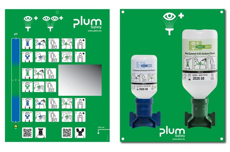 Zestaw naścienny COMBI - roztwór do płukania oka, ciało obce, kwas i zasada, butelka 1*200 ml, 1*500 ml, piktogram, lustro