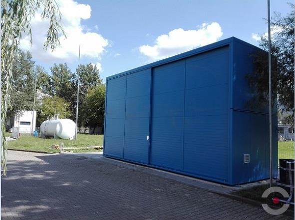 Magazyn substancji niebezpiecznych Topserw, (wst.zmont.) WSC 2 poziomy/2 segmenty, 24*1000 l KTC/IBC, dwustronny, izolowany, 2*drzwi przesuwne