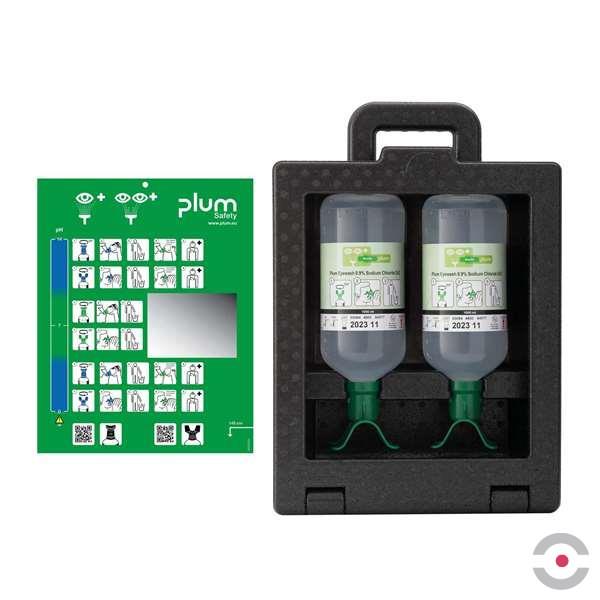 Zestaw naścienny zamykany Plum iBOX - roztwór do płukania oka, ciało obce, DUO butelka 2*1000 ml, chlorek sodu 0,9%, dozownik z plastrami elastycznymi